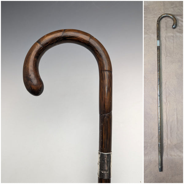 1921 年英國古董男士手杖,輕質弧形手柄,純銀裝飾,棕色桿,88 厘米